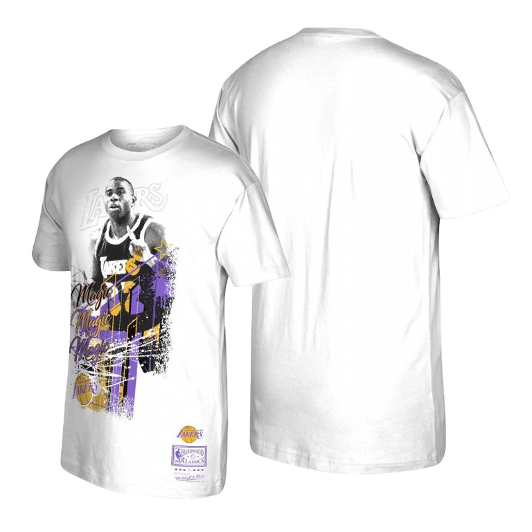 Men's Los Angeles Lakers Magic Johnson #32 NBA Player Burst Hardwood Classics Legend White Basketball T-Shirt OAB6683LA